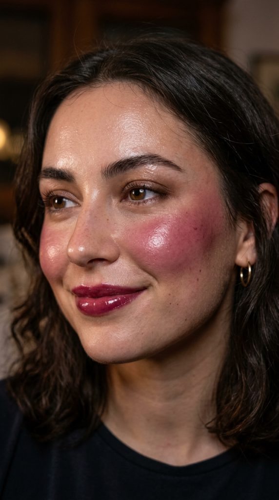 Dewy jelly skin makeup with berry blush and glossy berry lips