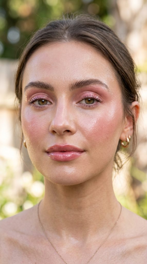 Glazed monochrome jelly skin makeup in soft rose tones