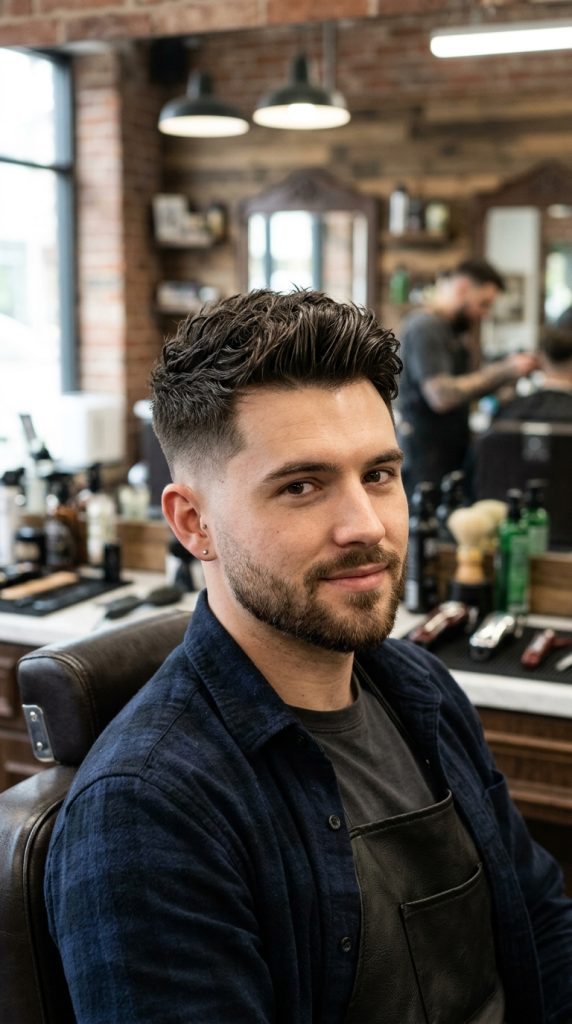 Classic high taper fade for men with a textured top and faded sides