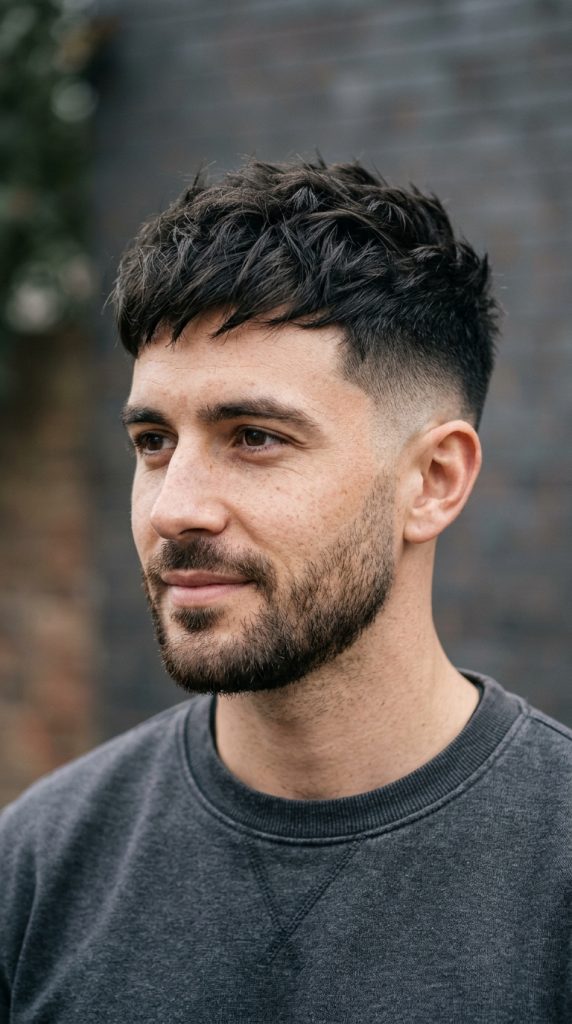 High taper fade with a short textured crop on top