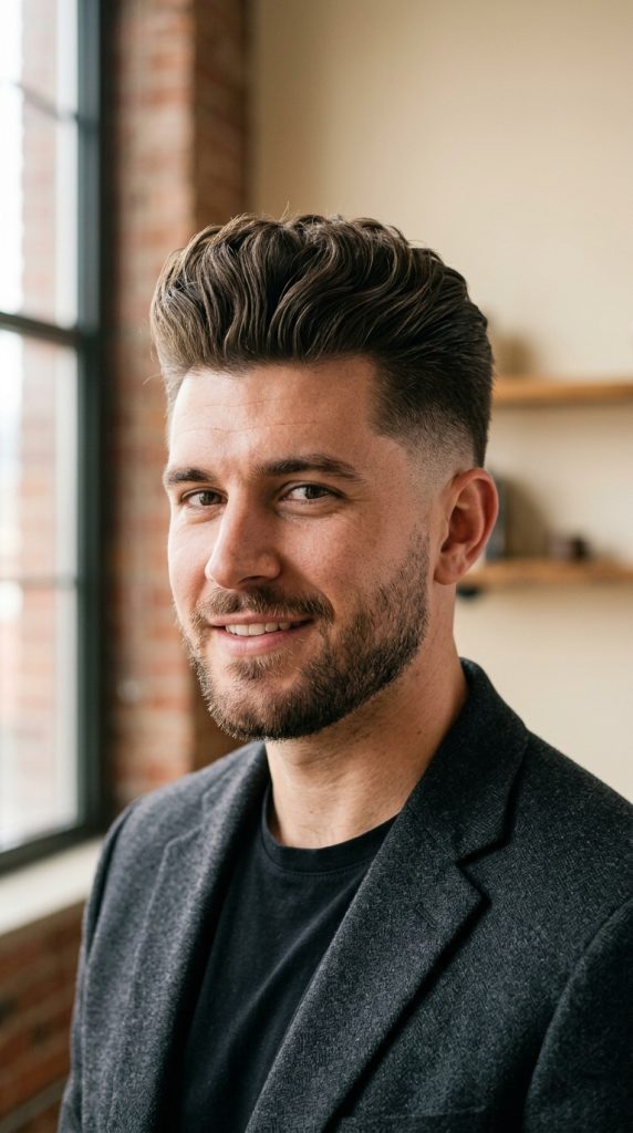 High taper fade with a voluminous pompadour