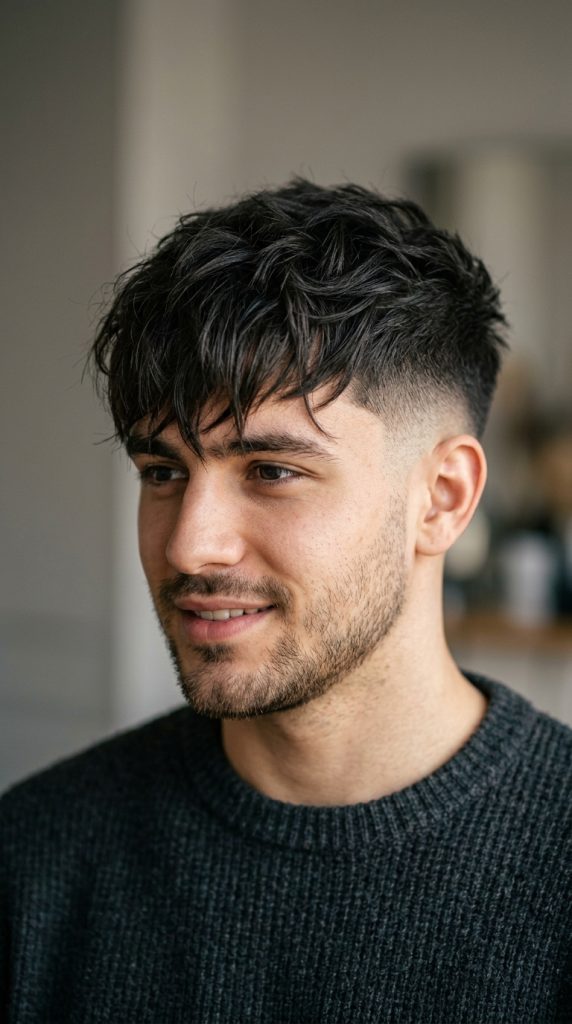 High taper fade with a textured fringe
