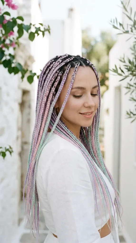 knotless braids pastel summer hairstyle woman lavender blush mint tones white co-ord outdoor soft diffused light