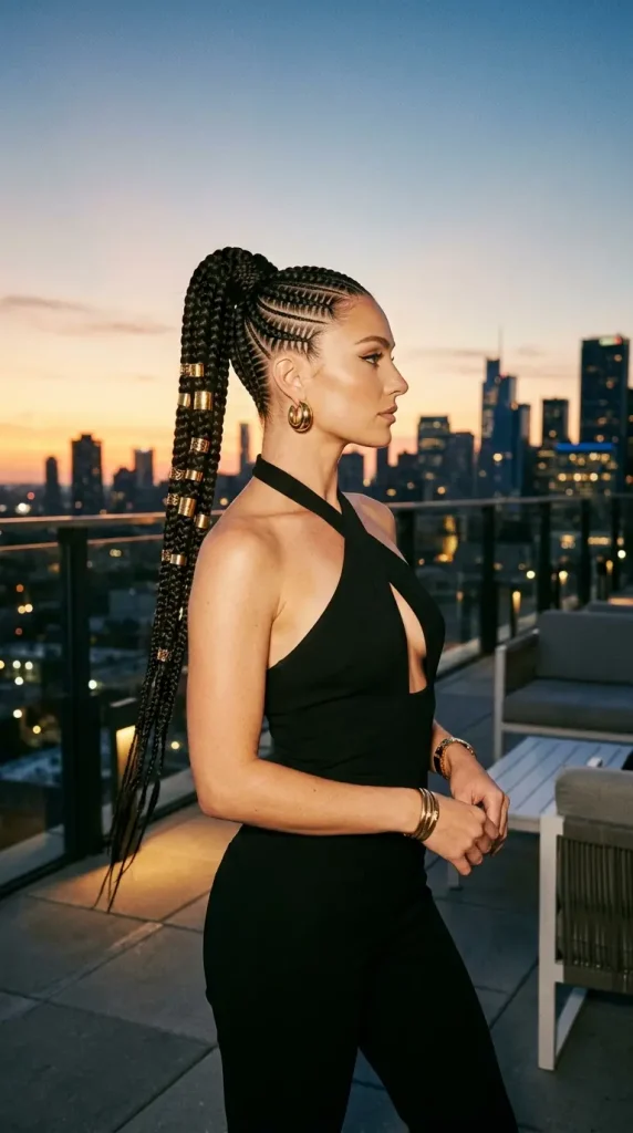 feed-in braids ponytail summer hairstyle glamorous woman sleek cornrows high ponytail gold rings luxury rooftop sunset