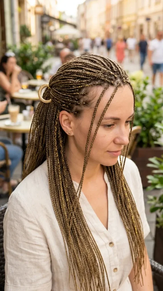 micro braids half up summer hairstyle woman gold ring loosely gathered gold thread café summer street natural light