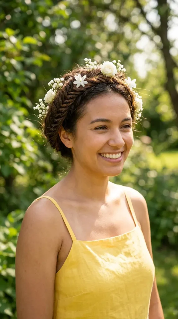 braid out natural hair summer hairstyle Black woman defined voluminous curls white flowers crown yellow dress sunshine