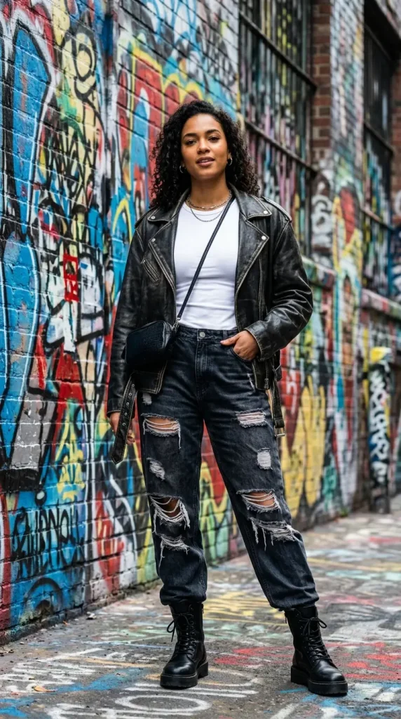 baggy ripped jeans outfit women heavily distressed thigh knee rips white tee leather jacket boots graffiti urban