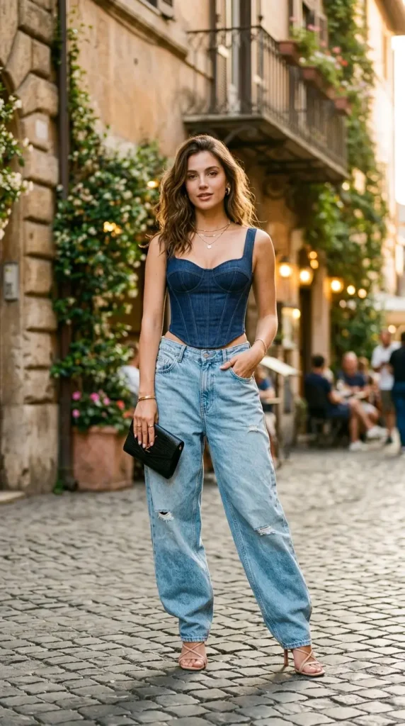 baggy jeans corset top outfit women ultra baggy light wash cream satin corset heeled sandals evening editorial