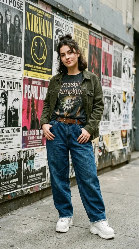 baggy jeans graphic tee outfit women ultra baggy dark wash vintage band tee belt platform sneakers urban wall
