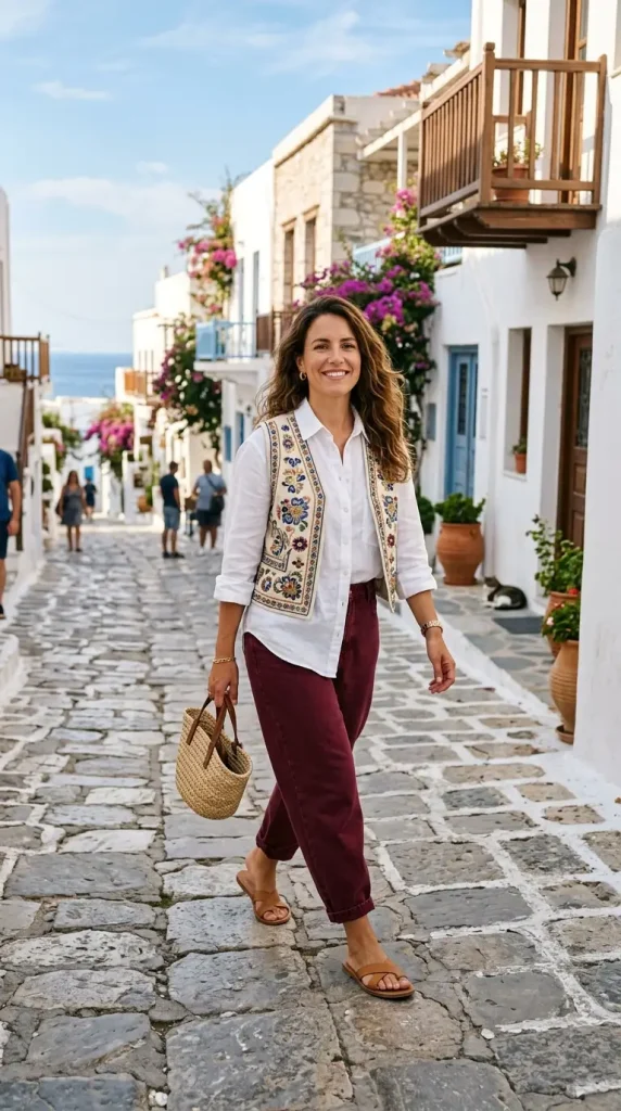 baggy jeans linen shirt outfit women barrel leg white oversized half tucked leather sandals straw bag coastal town