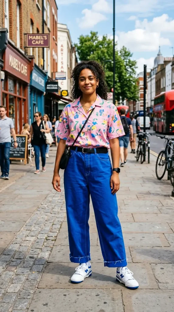 coloured baggy jeans outfit women cobalt blue wide leg white tee sneakers urban street summer bold statement