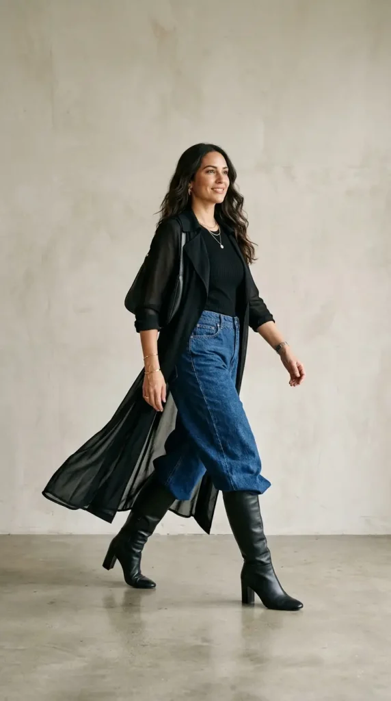baggy jeans longline coat outfit women wide leg dark wash camel wool coat knee high boots autumn street leaves