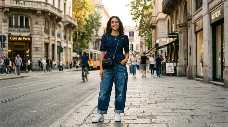 extra baggy oversized jeans styles women indigo wide leg with top sneakers urban street golden light editorial