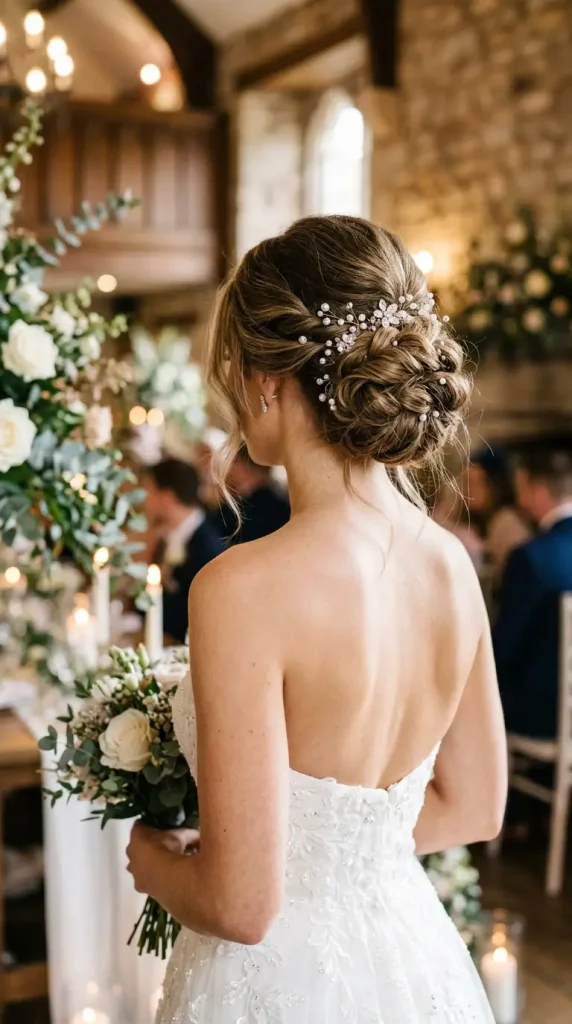 low chignon wedding hairstyle long hair bride pearl crystal pins strapless gown bare back romantic light