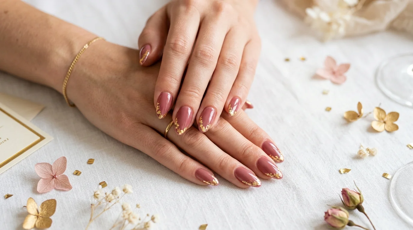 wedding guest nails blush pink glazed almond gold leaf detail white rose petals pearls soft light editorial