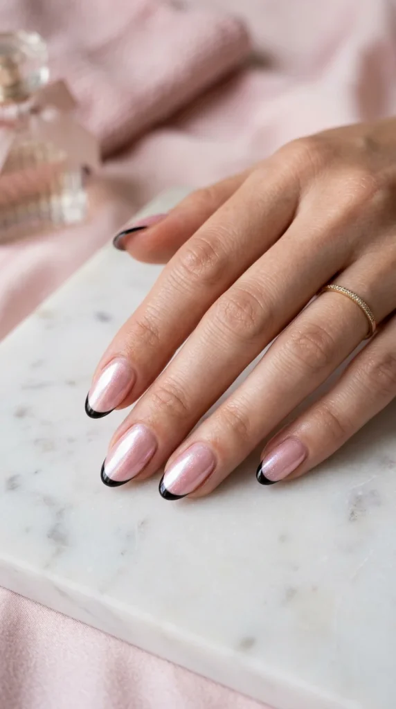 blush pink glazed nails wedding guest soft oval chrome finish rose petals marble pearlescent glow editorial