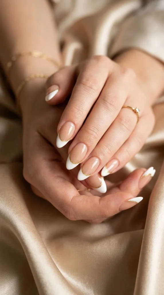 French tip gold line wedding guest nails almond white tip micro gold line nude base champagne satin elegant editorial