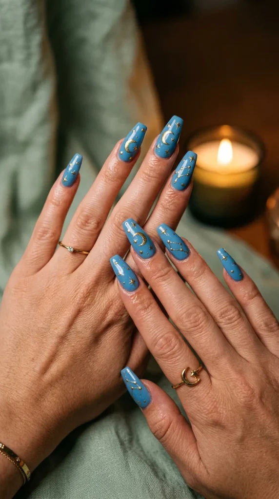 blue gold celestial nails wedding guest coffin navy gold moon stars constellation velvet candlelight dramatic evening editorial