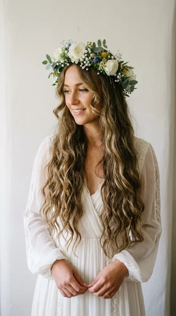 flower crown long hair wedding hairstyle bride white roses eucalyptus flowing waves wildflower meadow golden hour