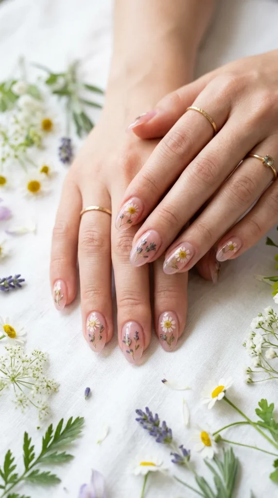 sheer pink floating flower nails wedding guest soft oval jelly pink pressed daisies lavender encapsulated gel wildflowers morning light modern