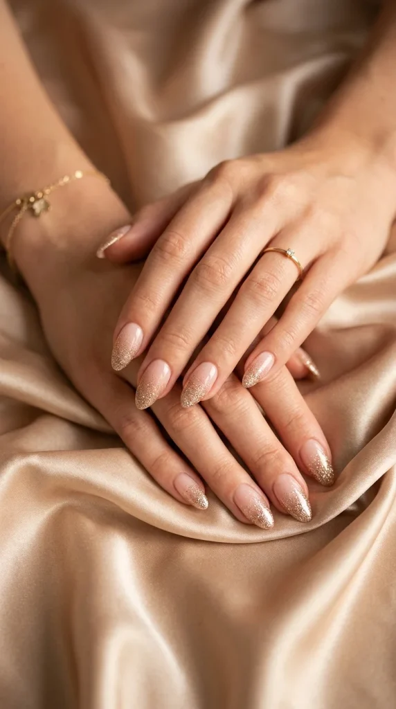 champagne glitter ombre nails wedding guest almond champagne to gold fine glitter ombre champagne satin warm evening light glamour editorial