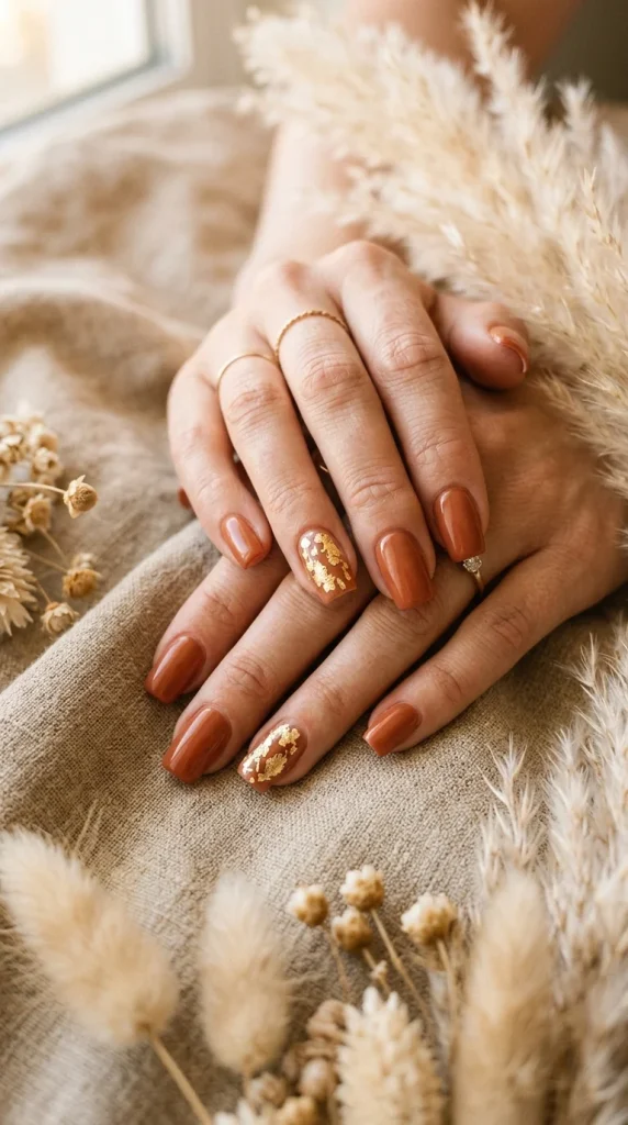 terracotta gold leaf nails wedding guest boho soft square terracotta organic gold leaf accent linen pampas warm afternoon boho editorial