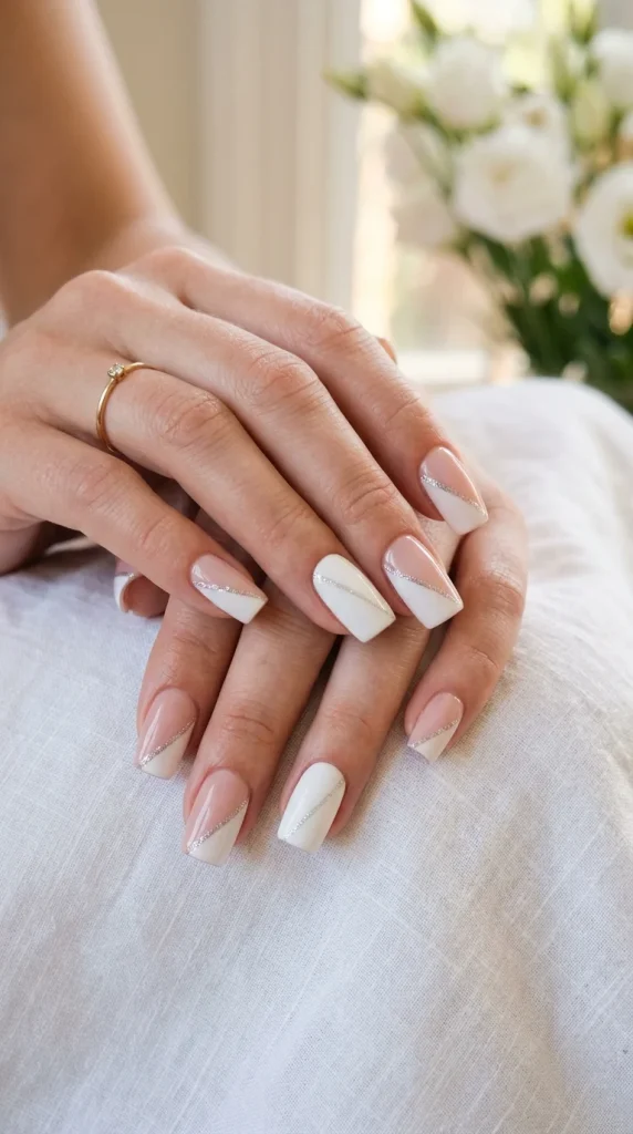 wedding guest nails nude pink white geometric diagonal triangle silver glitter line square nails elegant clean editorial