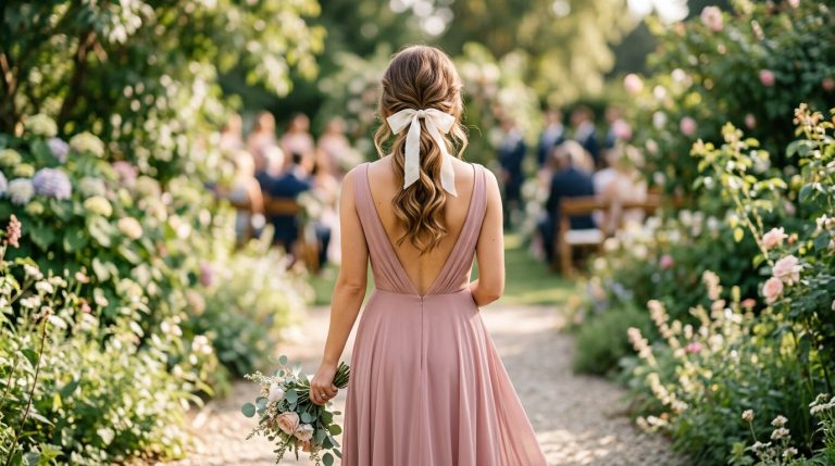 bridesmaid ponytail hairstyles elegant low ponytail ivory silk ribbon bow soft waves open back dusty rose dress sunlit garden golden light editorial