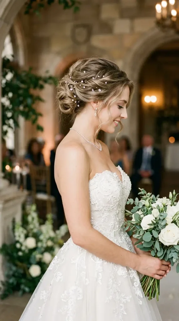 French twist wedding hairstyle long hair bride crystal pins loose crown tendrils strapless ballgown formal elegant