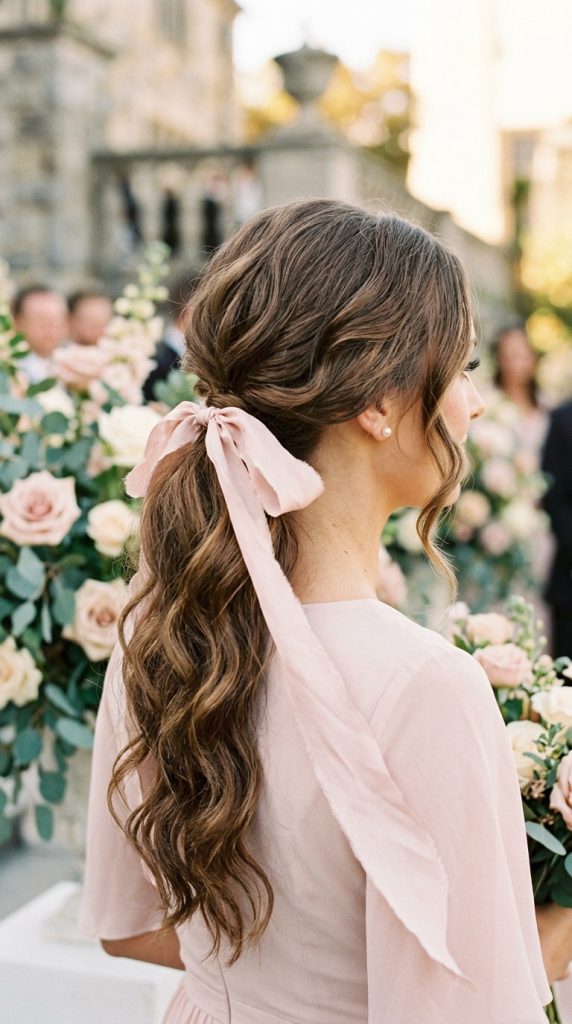 silk ribbon low ponytail bridesmaid hairstyle blush ribbon loose bow soft waves face-framing pieces warm natural light floral backdrop romantic editorial