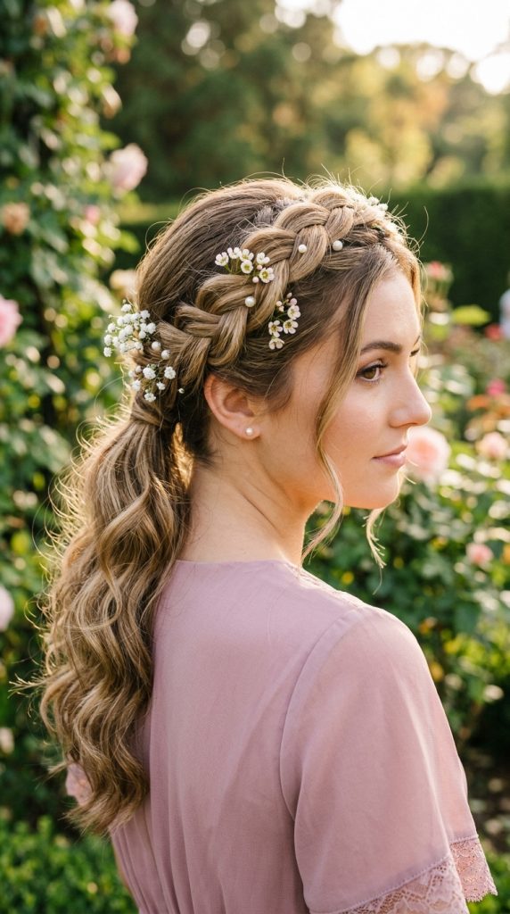 braided crown low ponytail bridesmaid hairstyle Dutch braid crown pearl pins white flowers soft waves garden light regal editorial