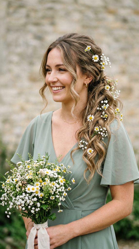 boho ponytail wildflowers bridesmaid hairstyle loose textured daisies baby's breath chamomile sage dress dappled garden light free-spirited editorial