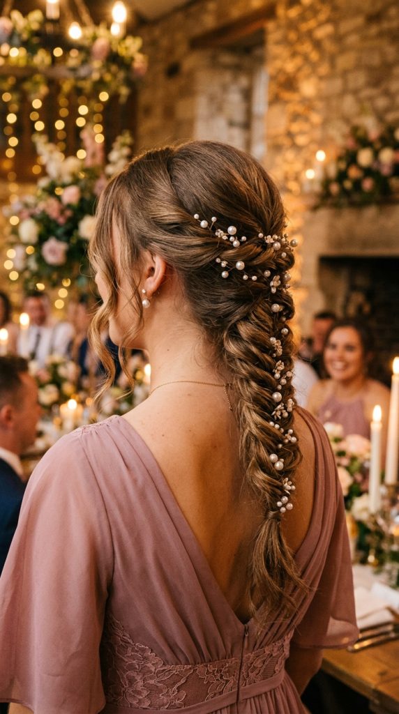 ishtail ponytail pearl pins bridesmaid hairstyle pulled apart fishtail braid scattered pearls mid-height