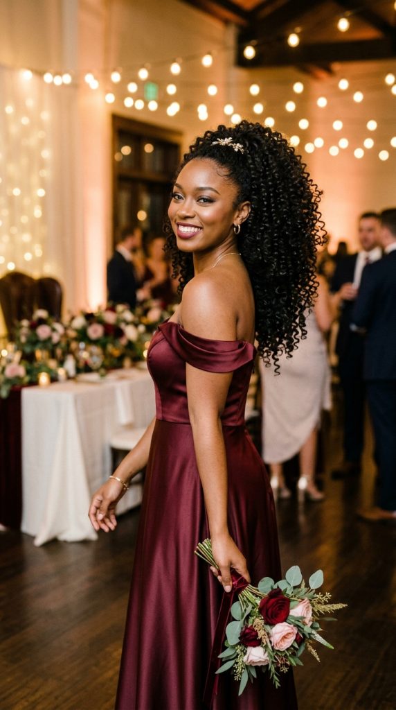 curly voluminous ponytail bridesmaid hairstyle defined ringlets dramatic mid-high burgundy dress golden reception light glamorous editorial