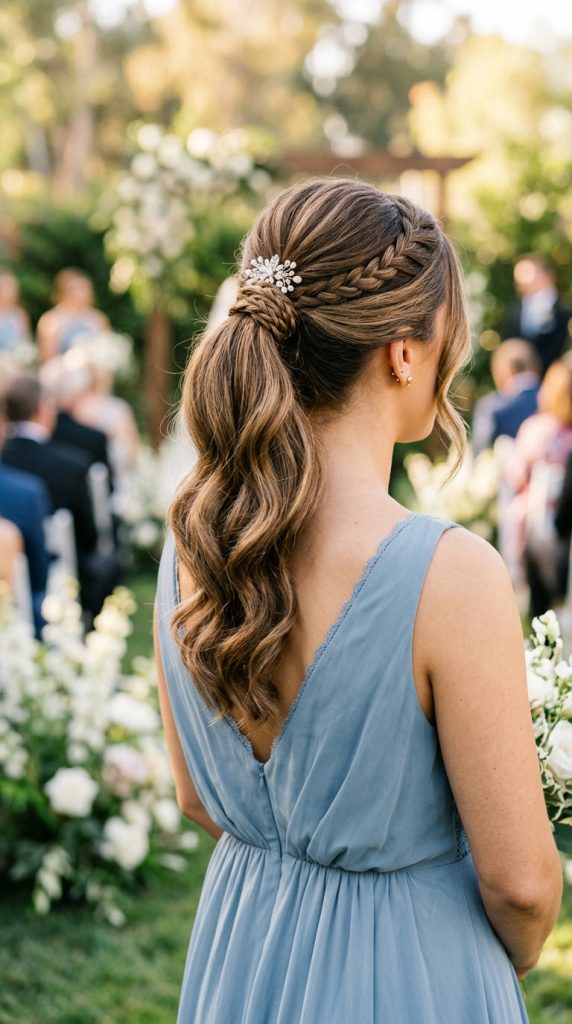 high ponytail braided wrap bridesmaid hairstyle thin braid wrapped base crystal pin soft waves dusty blue dress natural wedding light polished editorial