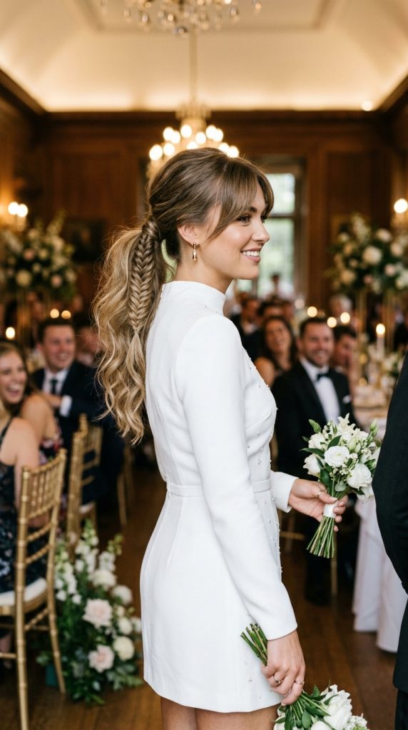 ponytail velvet bow bridesmaid hairstyle mid-height textured oversized burgundy bow soft waves dusty mauve dress warm indoor wedding light editorial