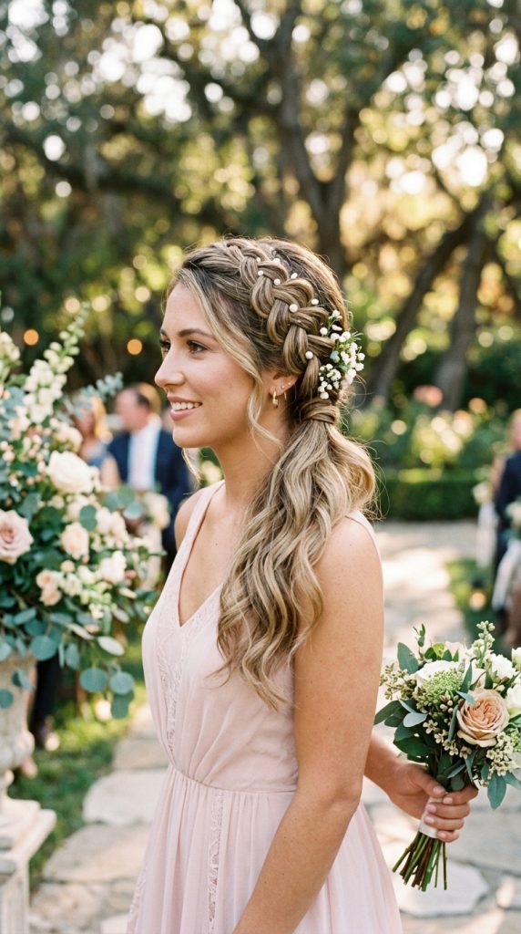 waterfall braid ponytail bridesmaid hairstyle waterfall braid pearl pins flowers cascading sections low ponytail blush dress outdoor natural light magical editorial