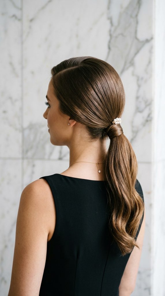 sleek low ponytail side part bridesmaid hairstyle glossy deep side part pearl pin wrapped nape black dress modern minimal editorial