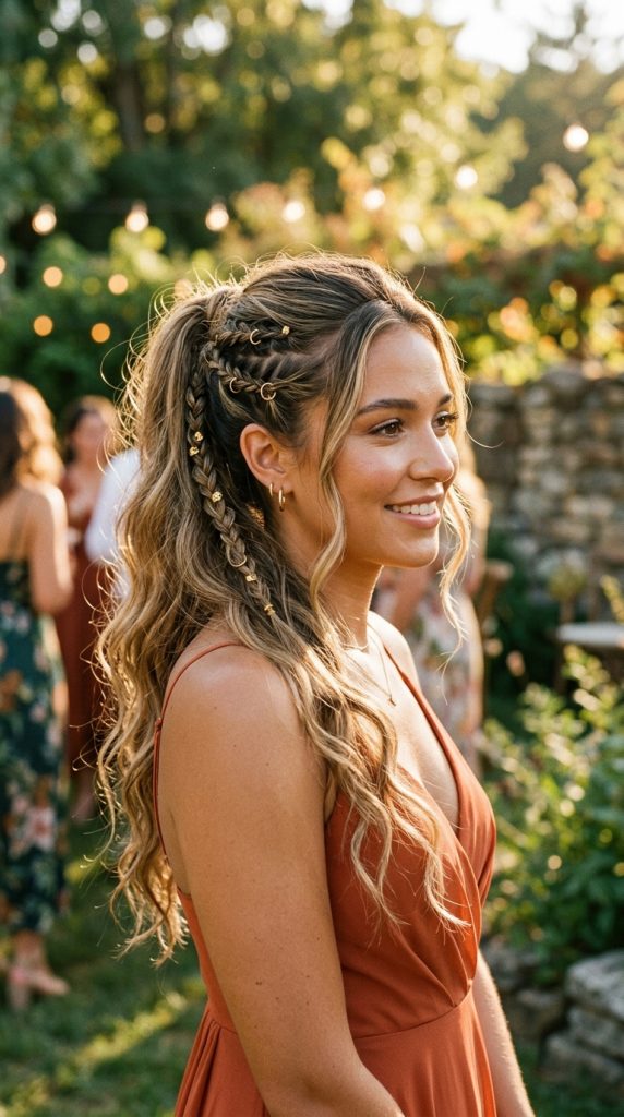 ponytail micro braid accents bridesmaid hairstyle micro braids gold rings textured waves terracotta dress outdoor golden light artisanal boho editorial