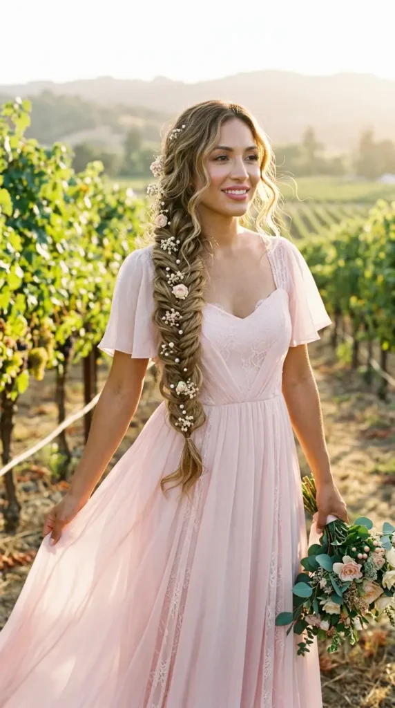 fishtail braid long hair wedding hairstyle bride pearl pins white flowers shoulder waist vineyard golden light