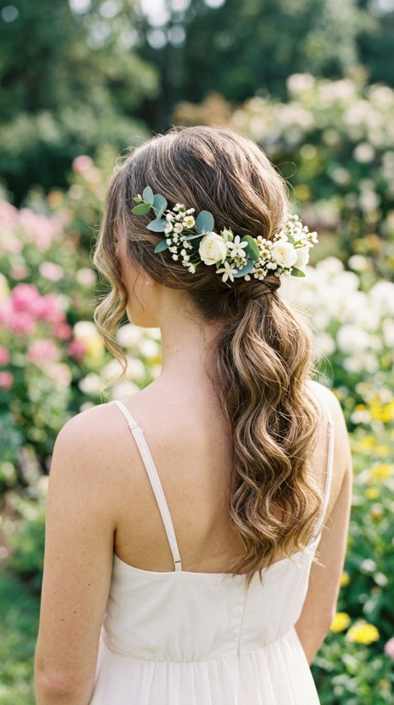 braided ponytail floral crown bridesmaid hairstyle miniature flower crown base white roses jasmine eucalyptus waves white dress outdoor garden blurred florals editorial