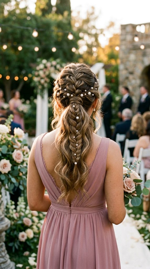 cascading Dutch braid ponytail bridesmaid hairstyle Dutch braid centre ponytail body raised three-dimensional pearl pins loose waves