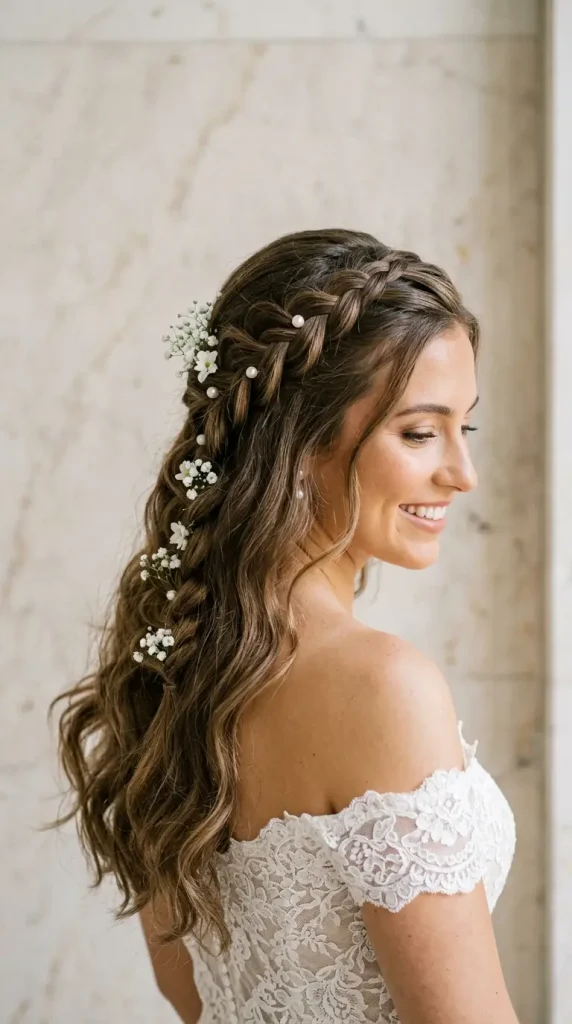 waterfall braid long hair wedding hairstyle bride pearl pins white flowers flowing waves lace dress rose garden