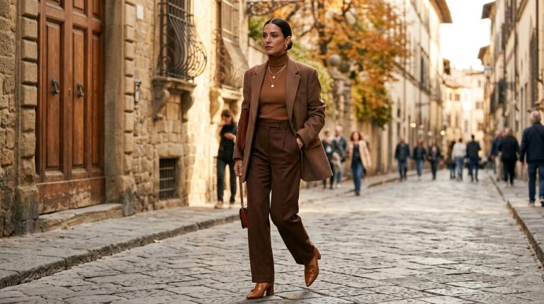 brown outfit ideas women tonal chocolate wide leg trousers caramel turtleneck mocha blazer tan loafers gold necklaces cobblestone street autumn