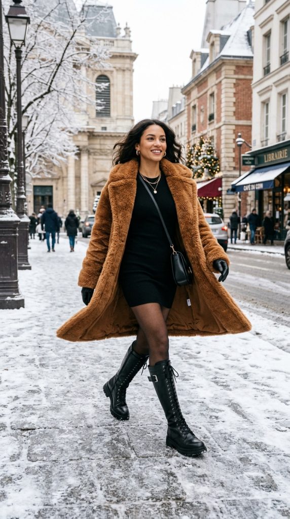 caramel faux fur coat outfit women voluminous caramel fur black micro mini knee-high boots gold hoops winter city street glamorous 