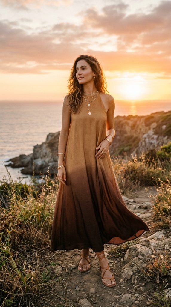 brown ombre maxi dress outfit women tan to chocolate gradient flowing maxi