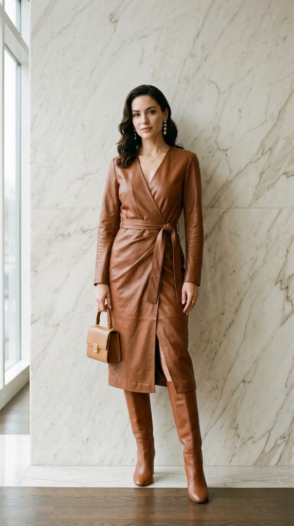 ognac wrap dress knee high boots outfit women cognac wrap dress tonal boots continuous line gold earrings