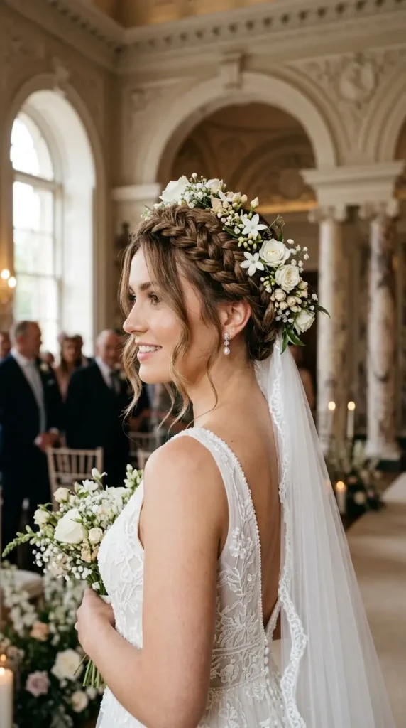 braided crown updo long hair wedding hairstyle bride white roses jasmine baby's breath regal venue