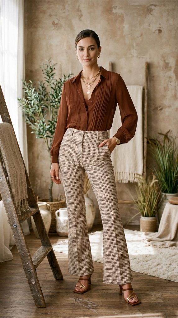 brown sheer blouse wide leg trousers outfit women burnt brown sheer chiffon bralette high-waisted wide-leg strappy mules gold necklaces studio directional light editorial