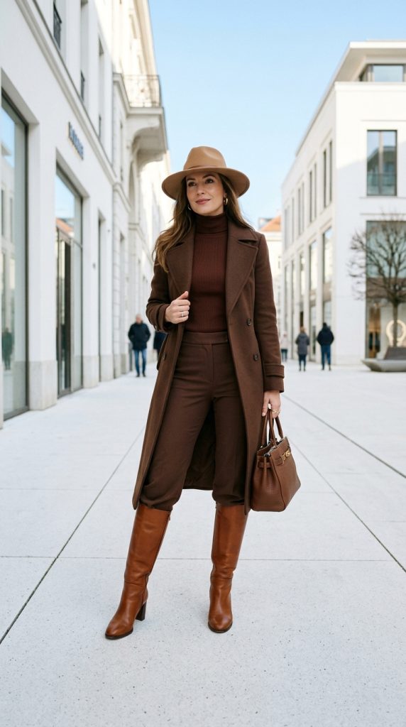brown monochromatic outfit women full head-to-toe tan hat caramel turtleneck chocolate trousers mocha coat cognac boots